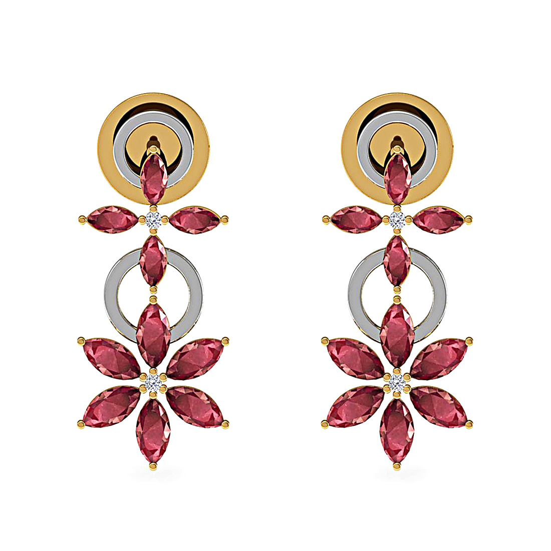 Diamond and Ruby in Flower Earring