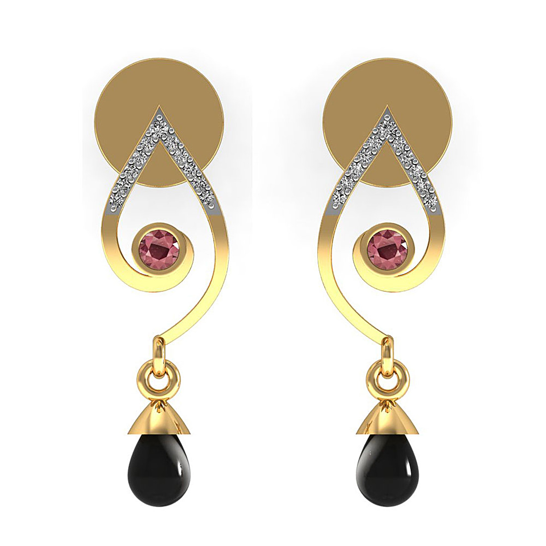 Black Onyx & Ruby In Diamond Earring