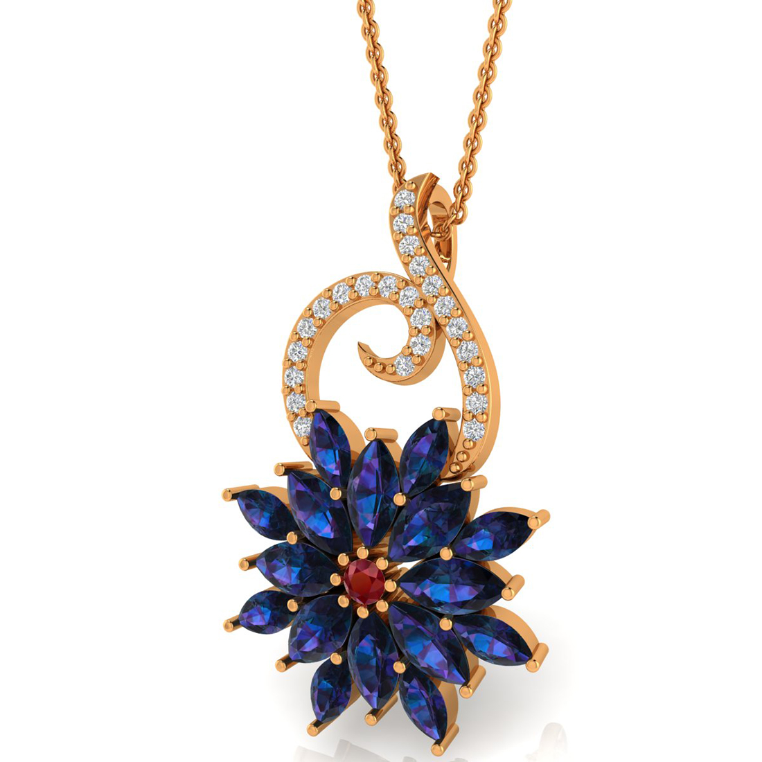 Diamond Pendant with Ruby & Blue Sapphire